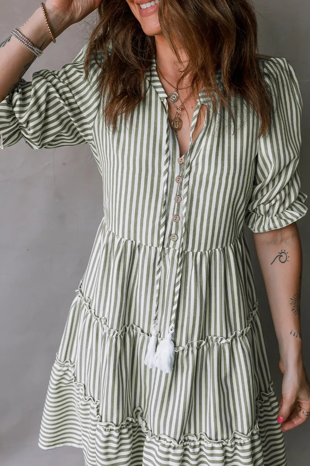 Stripe Tasseled Tie Neck Ruffled Short Sleeve Tiered Flattering Dress