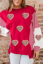 Color Block Striped Patchwork Valentines Day Sequin Heart Graphic Sweatshirt