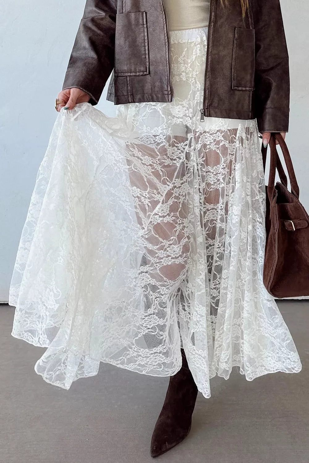 Sheer Floral Lace Flowy Maxi Skirt