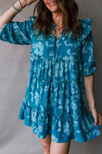 Flower Half Sleeve Tiered Ruffled Mini Dress