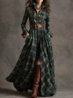 Plaid Button Front Maxi Shirt Dress