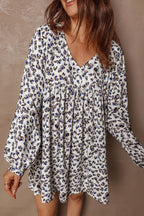 Multicolour Leopard Print V Neck Button Detail Long Sleeve Mini Dress