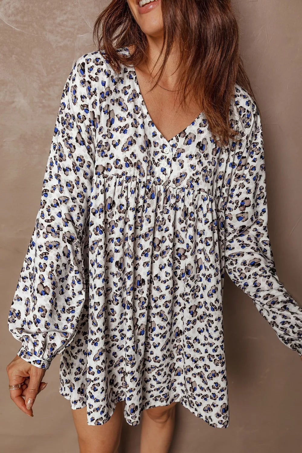 Multicolour Leopard Print V Neck Button Detail Long Sleeve Mini Dress
