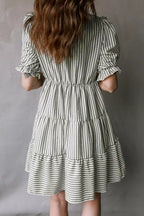Stripe Tasseled Tie Neck Ruffled Short Sleeve Tiered Flattering Dress