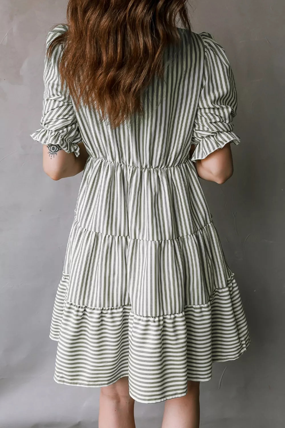 Stripe Tasseled Tie Neck Ruffled Short Sleeve Tiered Flattering Dress