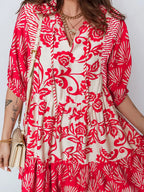 Collared V Neck Half Sleeve Loose Flower Mini Dress