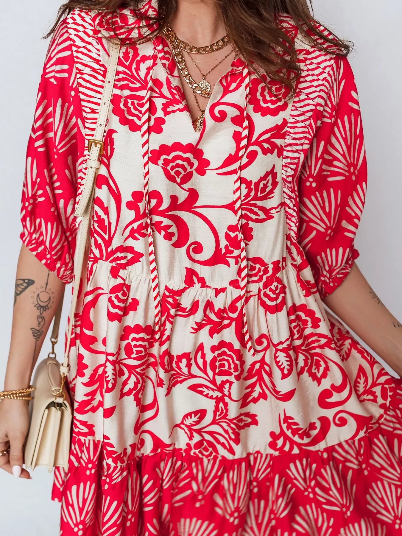 Collared V Neck Half Sleeve Loose Flower Mini Dress