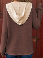 Waffle Contrast Half Buttoned Hooded Pullover Top
