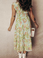 Smocked Bodice Ruffled Sleeveless Tiered Floral Dress