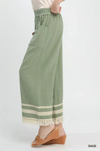 Umgee Lace Trim Fringe Hem Wide Leg Pants