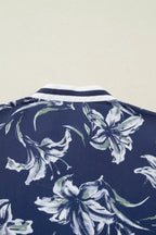 Floral Print Short Puff Sleeve Striped Trim V Neck Blouse