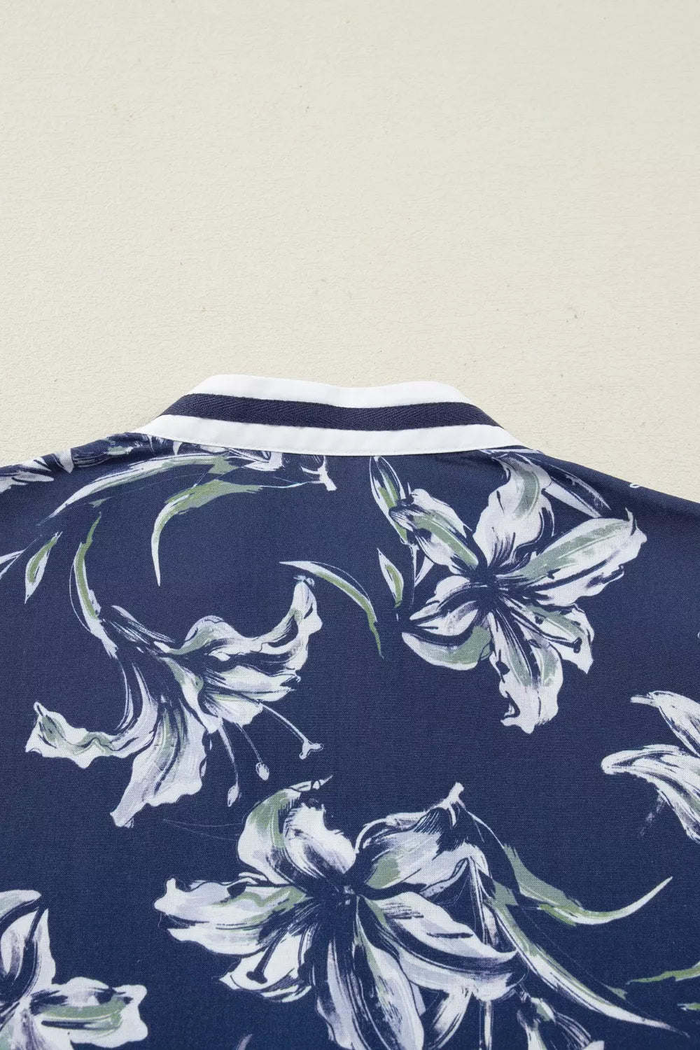 Floral Print Short Puff Sleeve Striped Trim V Neck Blouse