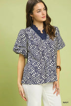 Umgee Printed Puff Sleeve Ruffle Neck Top