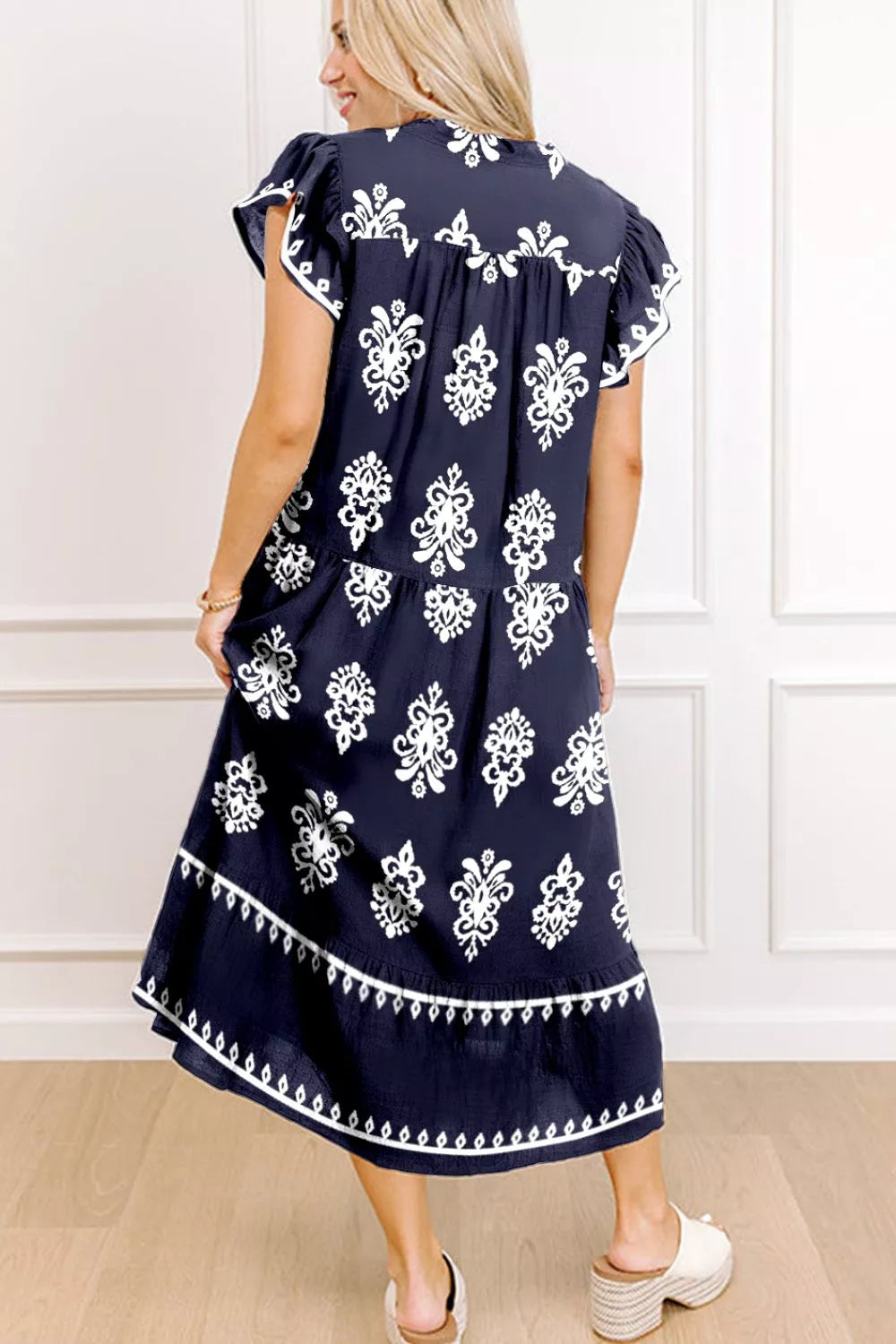 Printed Notched Short Sleeve Dress