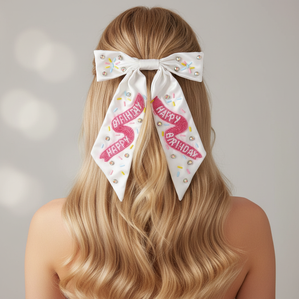 White Satin Beaded Hair Bow with "Happy Birthday" Sprinkles